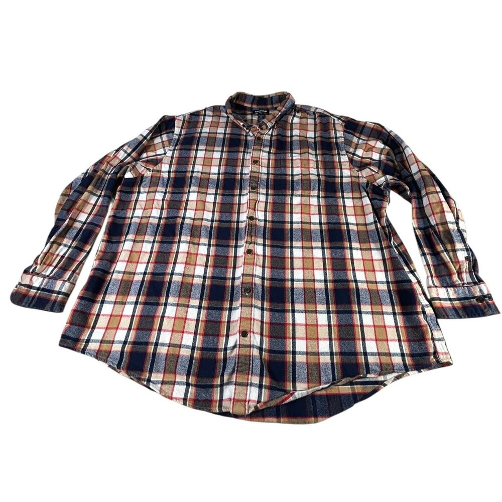 Lands End Flannel Shirt Beige Red White Plaid Men's 3XL/T Long Sleeve Buttons